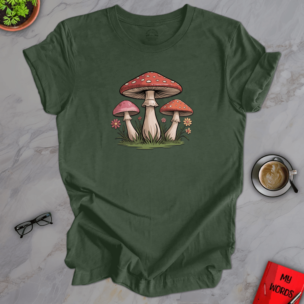 Personalized Graphics Mushrooms and Flowers Premium T-Shirt Heather Forest / XS