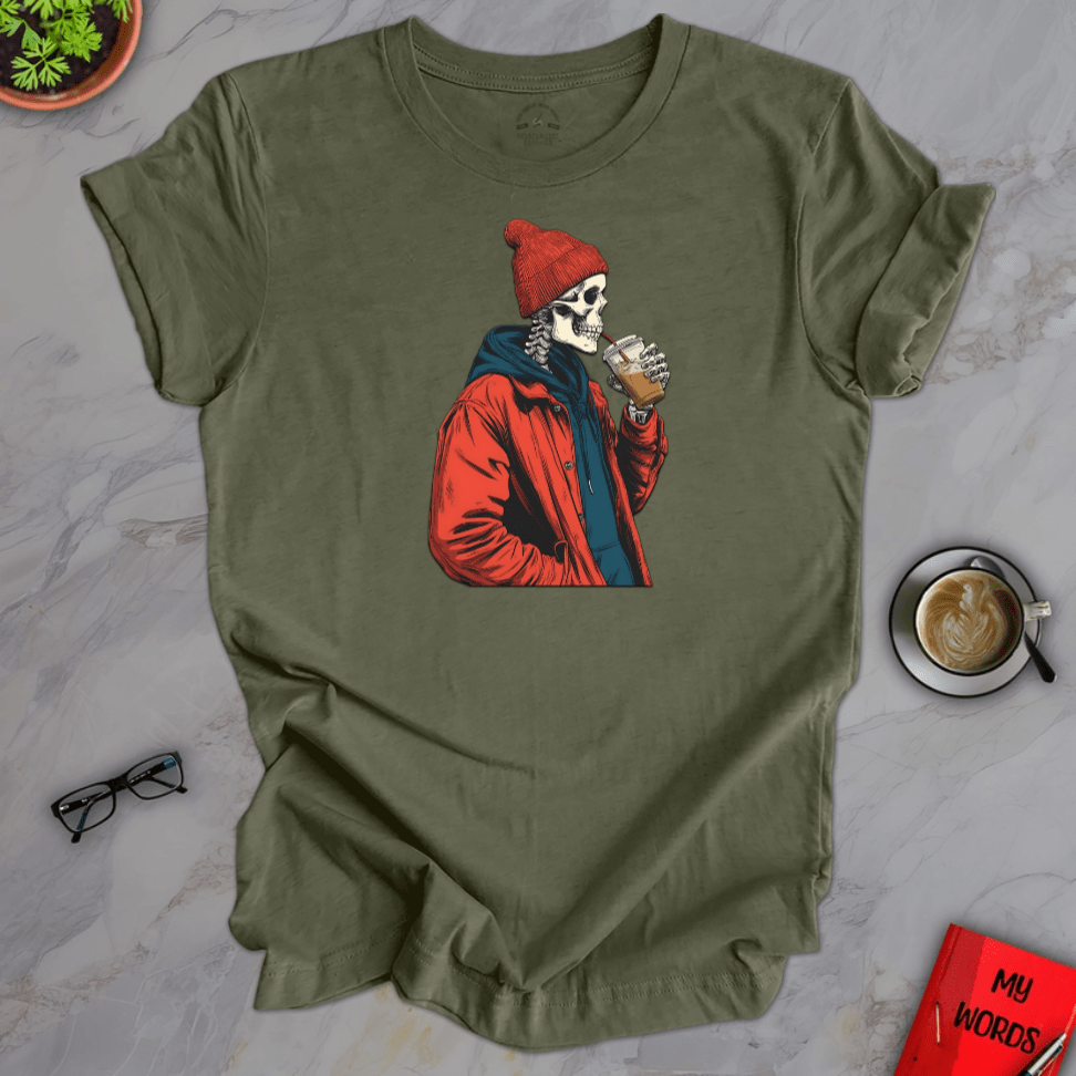 Personalized Graphics Skeleton Drinking Premium T-Shirt Heather Military Green / XS