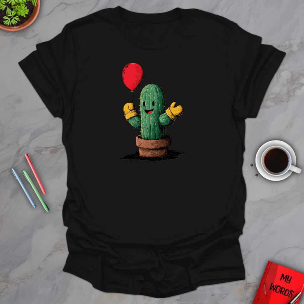 Personalized Graphics Cactus Holding Balloon T-Shirt Black / S