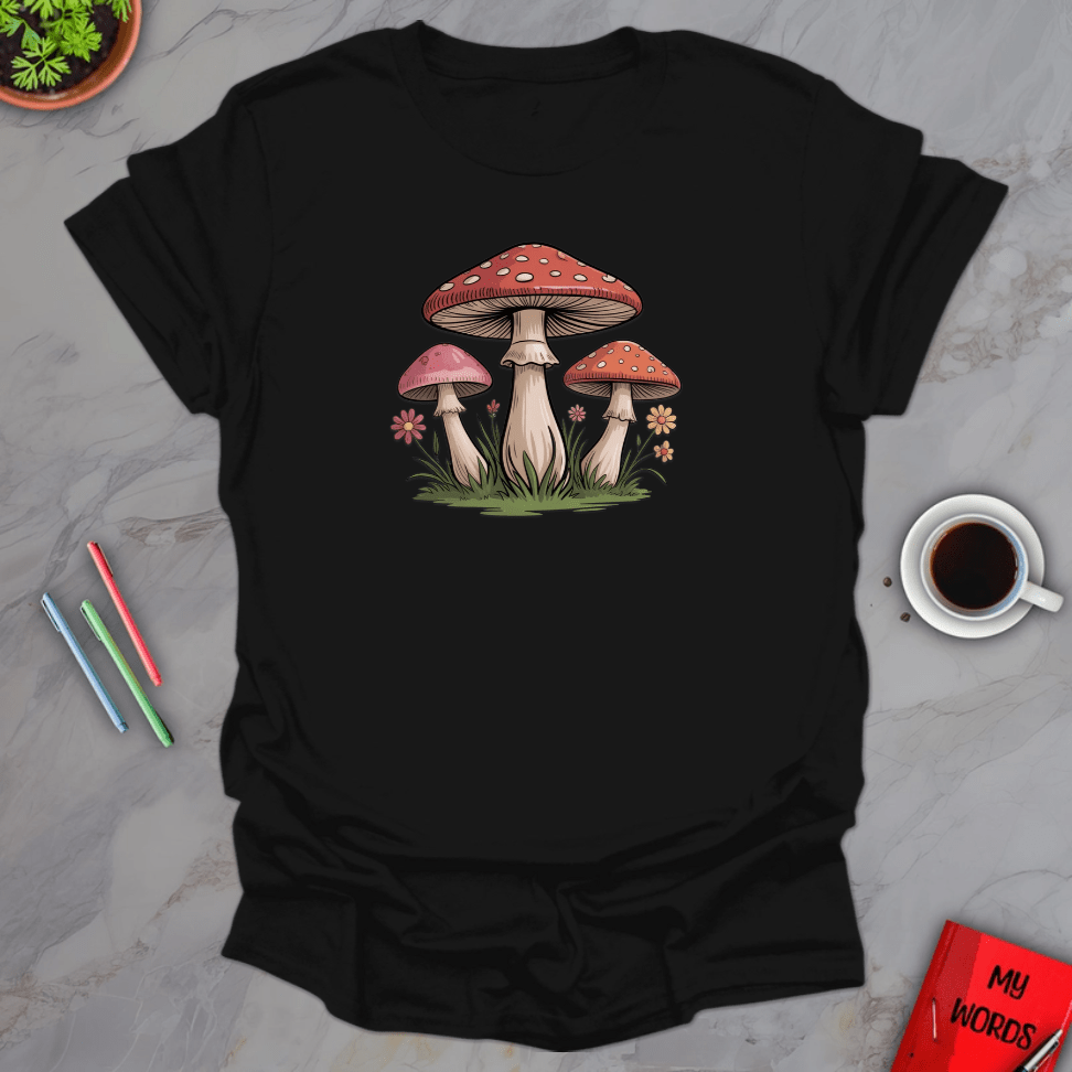 Personalized Graphics Mushrooms and Flowers T-Shirt Black / S