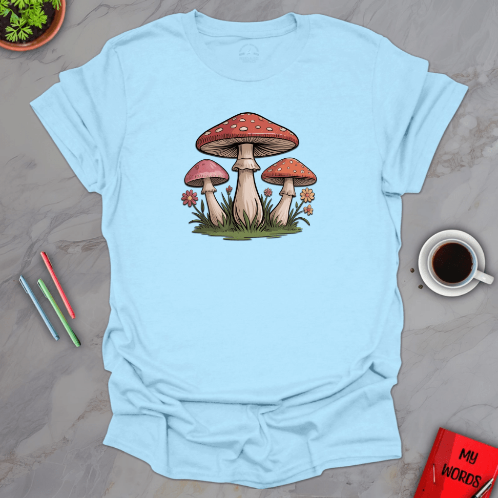 Personalized Graphics Mushrooms and Flowers T-Shirt Light Blue / S