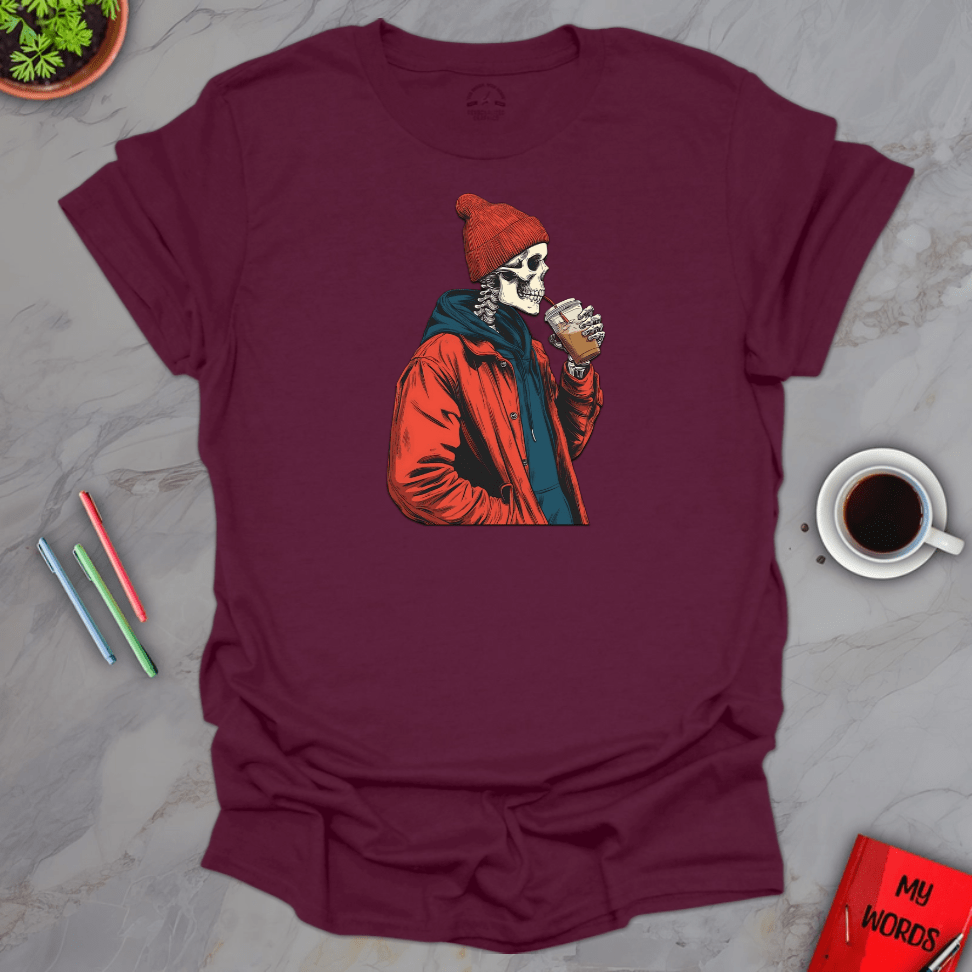 Personalized Graphics Skeleton Drinking T-Shirt Maroon / S