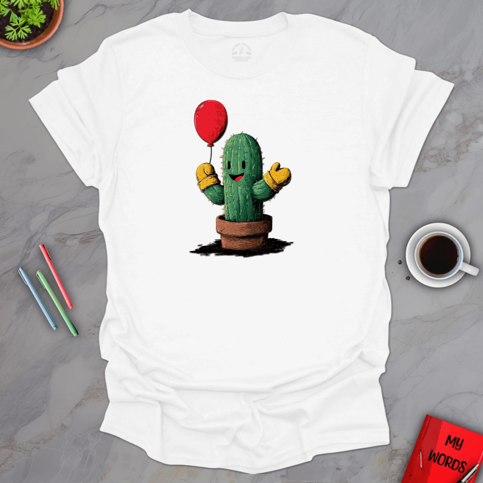 Personalized Graphics Cactus Holding Balloon T-Shirt White / S