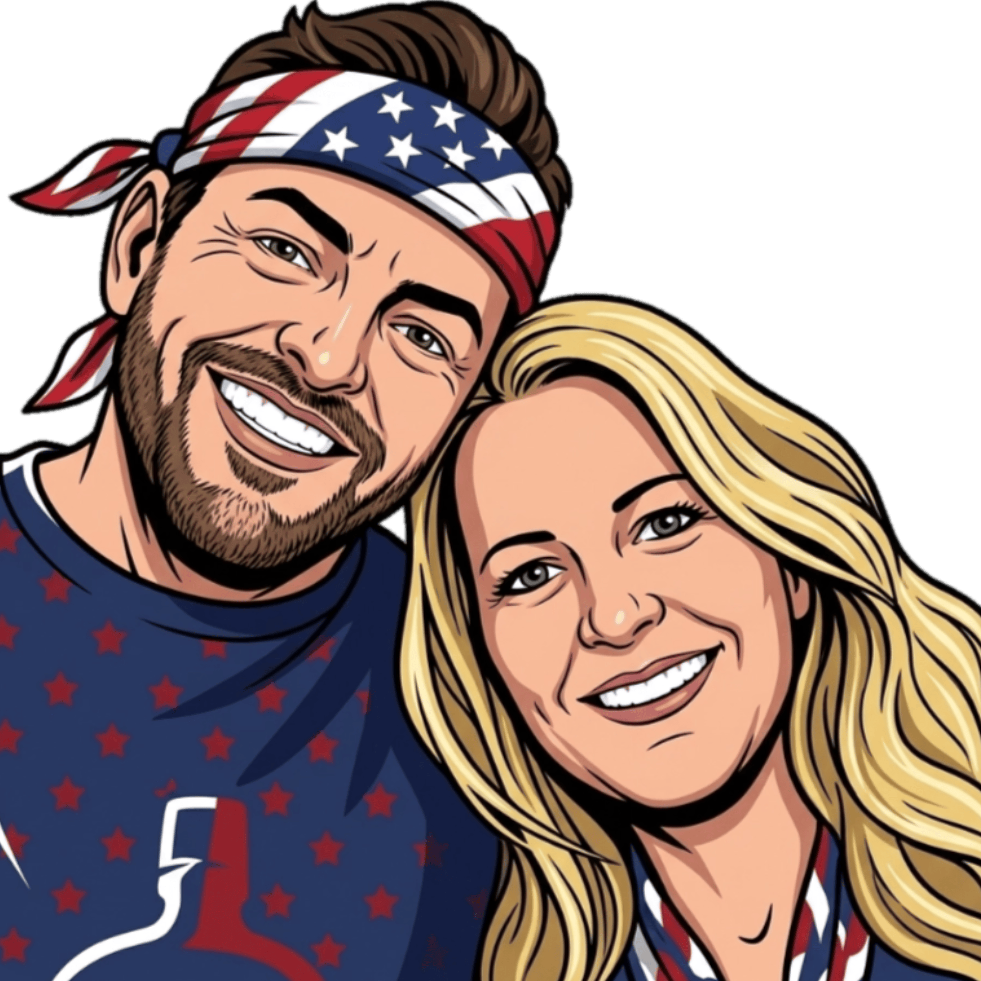Cartoon illustration of a man and woman wearing patriotic clothing and headbands.