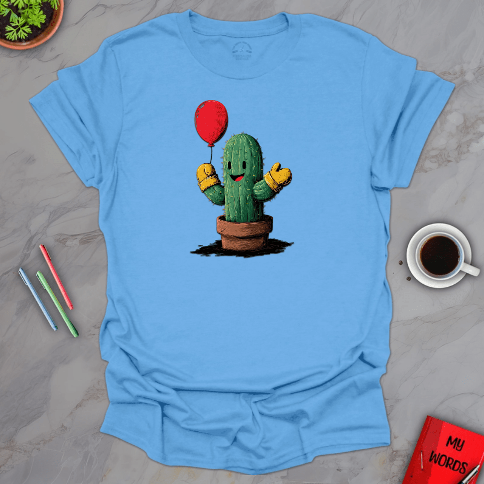 Personalized Graphics Cactus Holding Balloon T-Shirt Carolina Blue / S