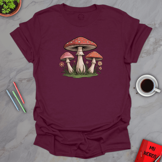 Personalized Graphics Mushrooms and Flowers T-Shirt Maroon / S