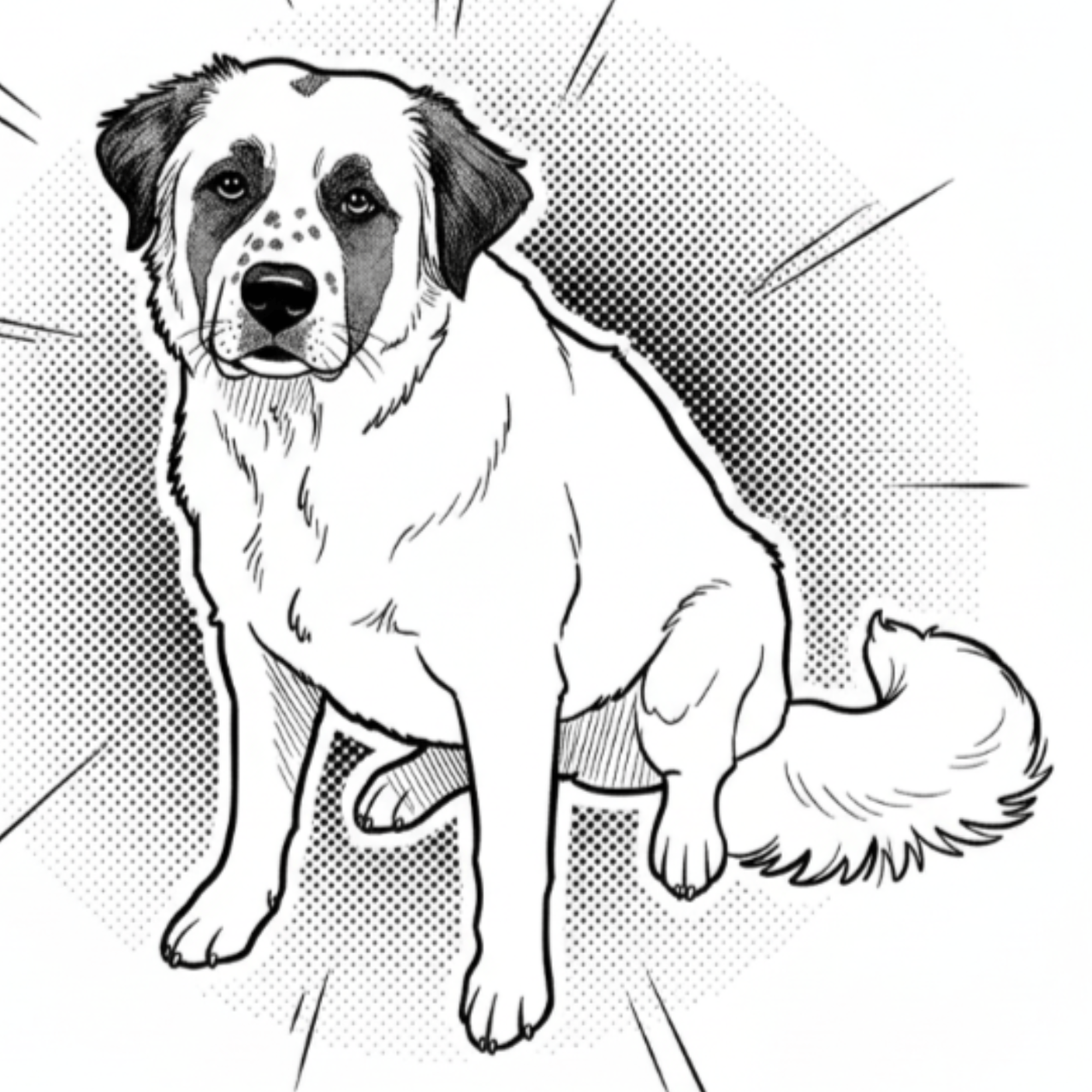 Black and white illustration of a dog sitting on a white background